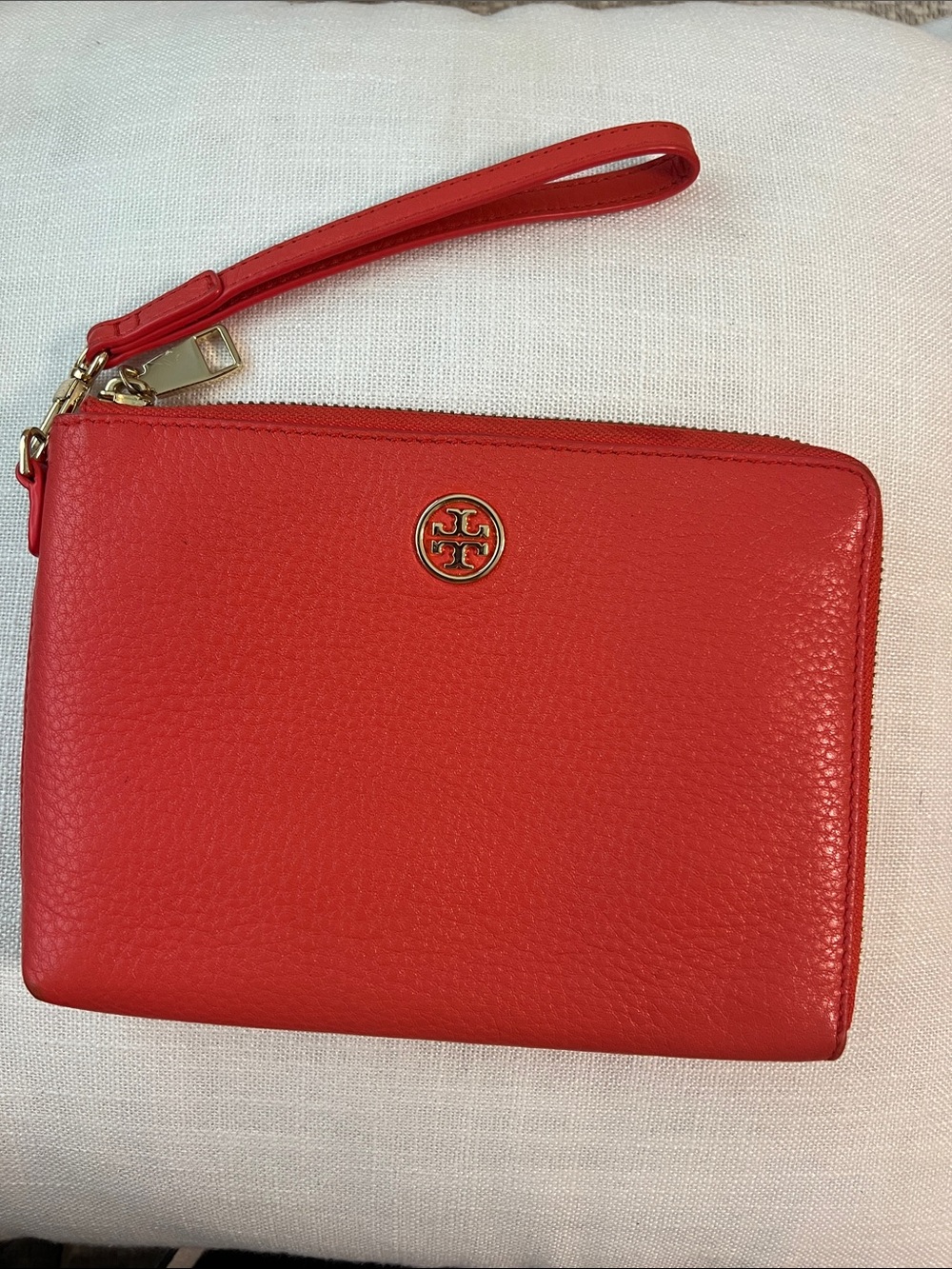 Tory Burch Red Pebbled Leather Wristlet with Gold Logo